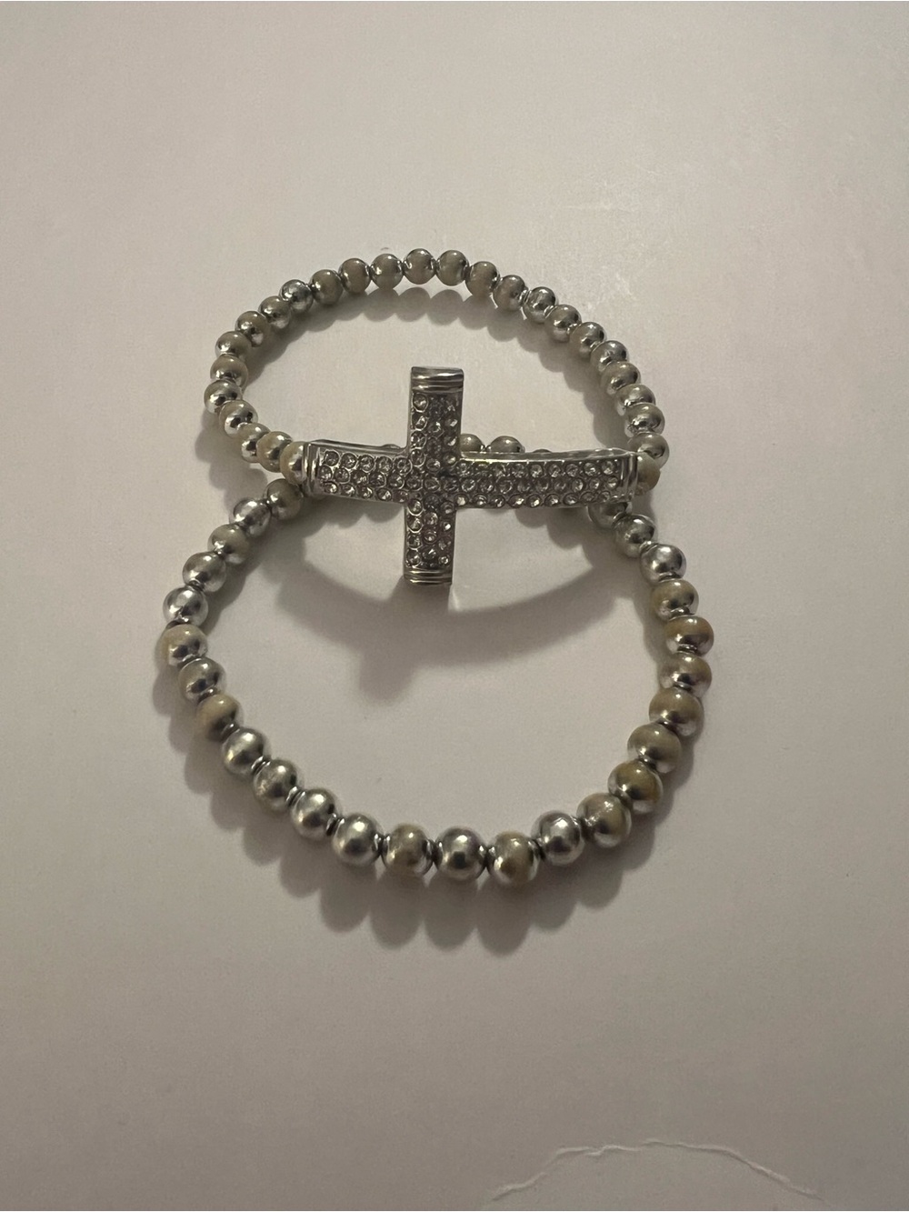 Silver-Tone Pearl Cross Stretch Bracelet